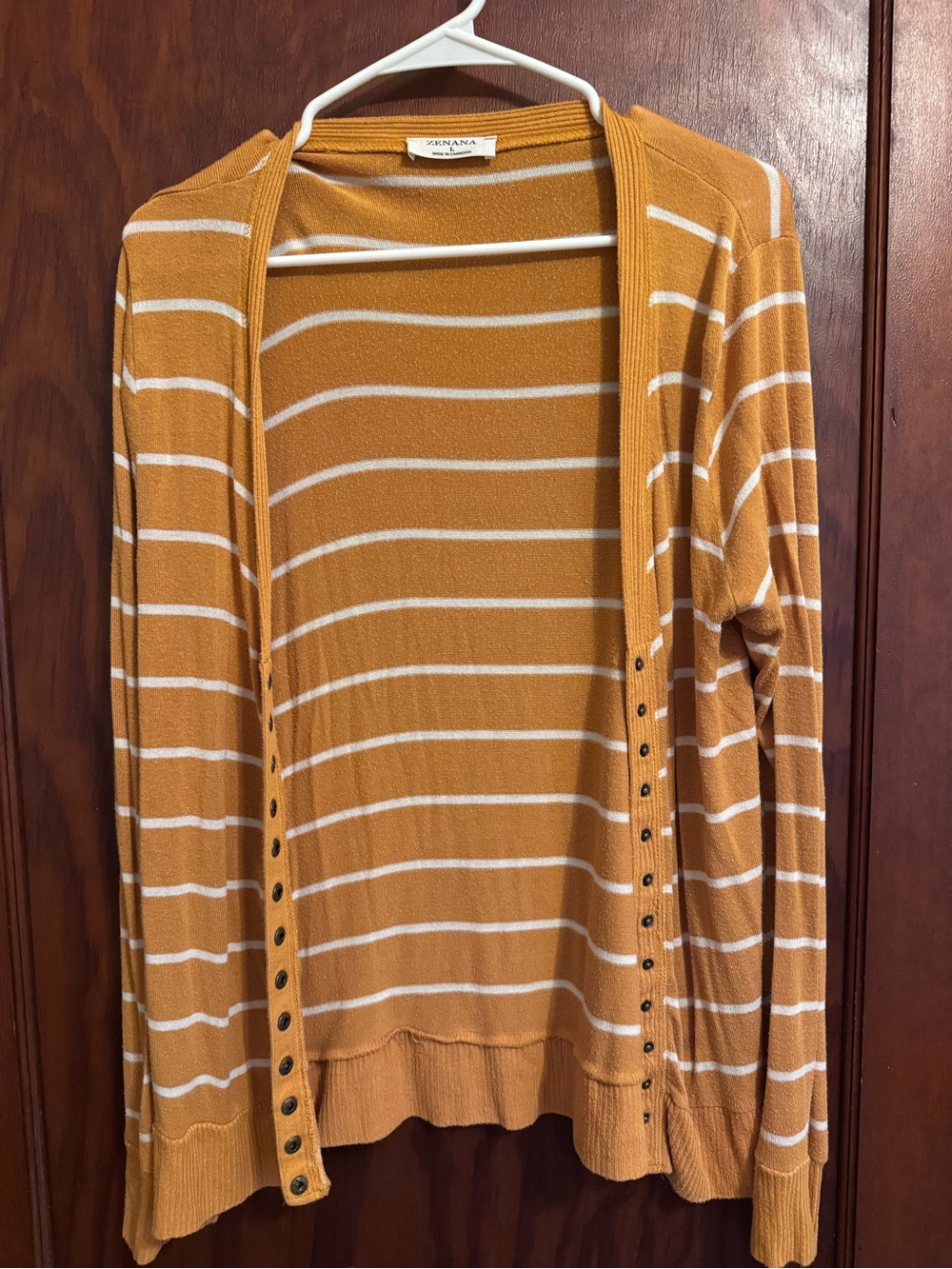 Zenana Outfitters Mustard and White Striped Open-Front Cardigan